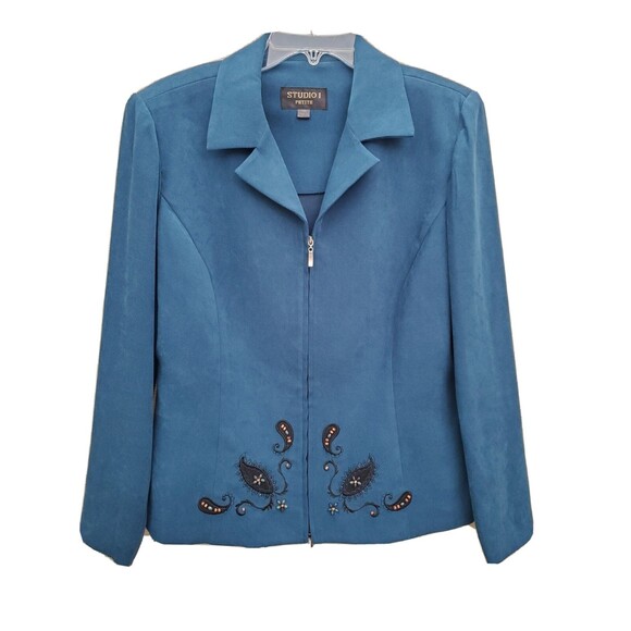 STUDIO 1 Petite Zip-Up Soft Microfiber Green/Blue Teal Beaded Blazer Size 14P - Picture 1 of 8